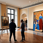 **A uniquely designed hotel lobby with avant-garde art installations and guests observing a local artist painting a large canvas. Focus on the creative atmosphere and interaction between art and people.**