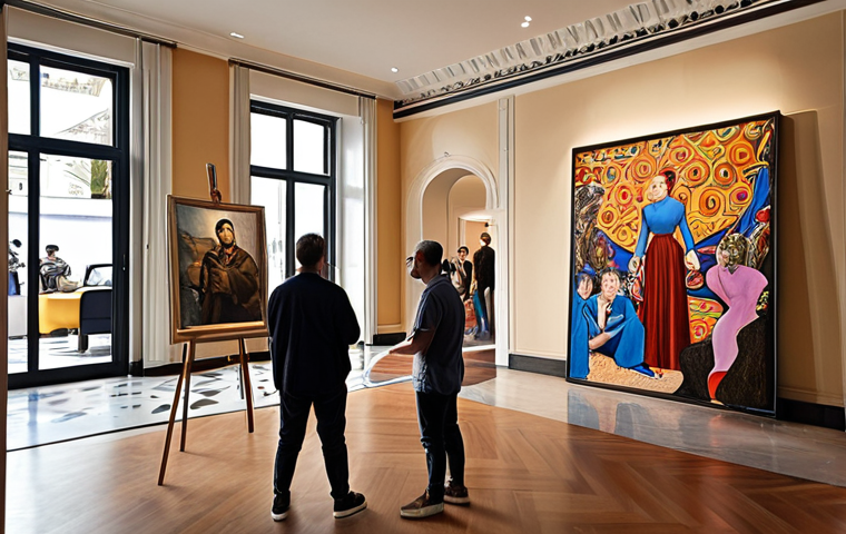 **A uniquely designed hotel lobby with avant-garde art installations and guests observing a local artist painting a large canvas. Focus on the creative atmosphere and interaction between art and people.**