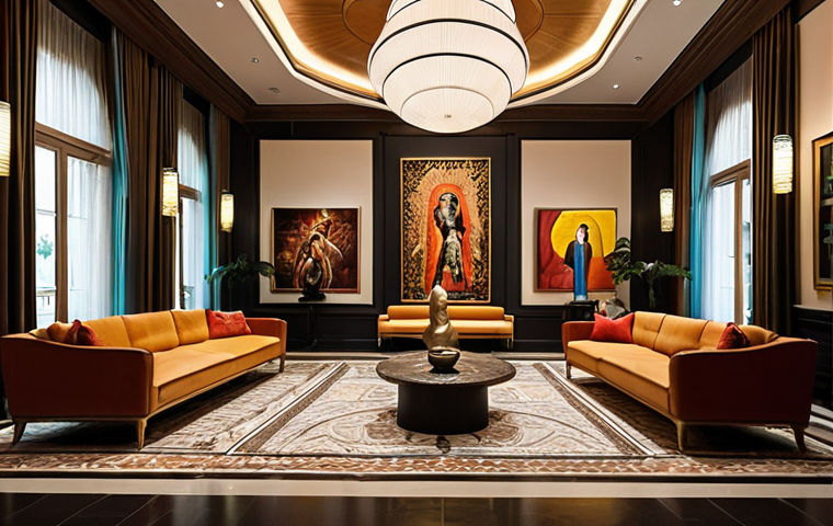 **
"A luxurious hotel lobby, filled with modern art installations. Guests are admiring the artwork. A warm, inviting atmosphere, with stylish furniture and carefully chosen lighting. Emphasize the artistic details and the sense of creative inspiration. The scene should reflect the concept of a 'cultural hub' rather than just a place to sleep."
**
