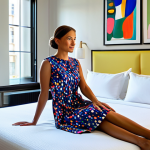 Art Hotel Room**

A woman in a stylish, modest dress sits in a vibrant art hotel room filled with colorful abstract paintings. The room features unique furniture and artistic details. Light streams through a window, illuminating the artwork. Perfect anatomy, correct proportions, natural pose, well-formed hands, proper finger count. Fully clothed, appropriate attire, safe for work, professional design, family-friendly.

**