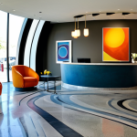 아트호텔 건축 설계 - Modern Art Hotel Lobby**

"A modern art hotel lobby with curved walls and unique geometric furniture...
