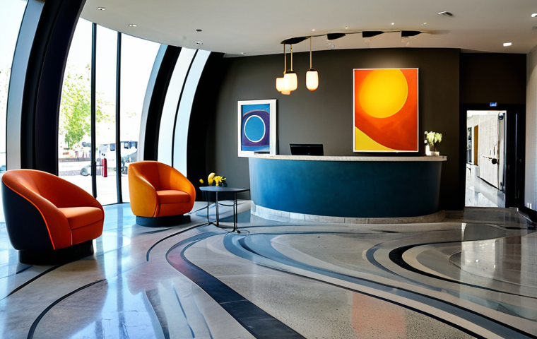 아트호텔 건축 설계 - Modern Art Hotel Lobby**
"A modern art hotel lobby with curved walls and unique geometric furniture...